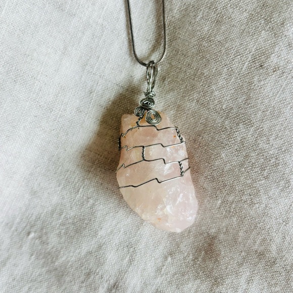 Rose Quartz silver wrapped raw crystal love Pendant Necklace - Picture 6 of 8